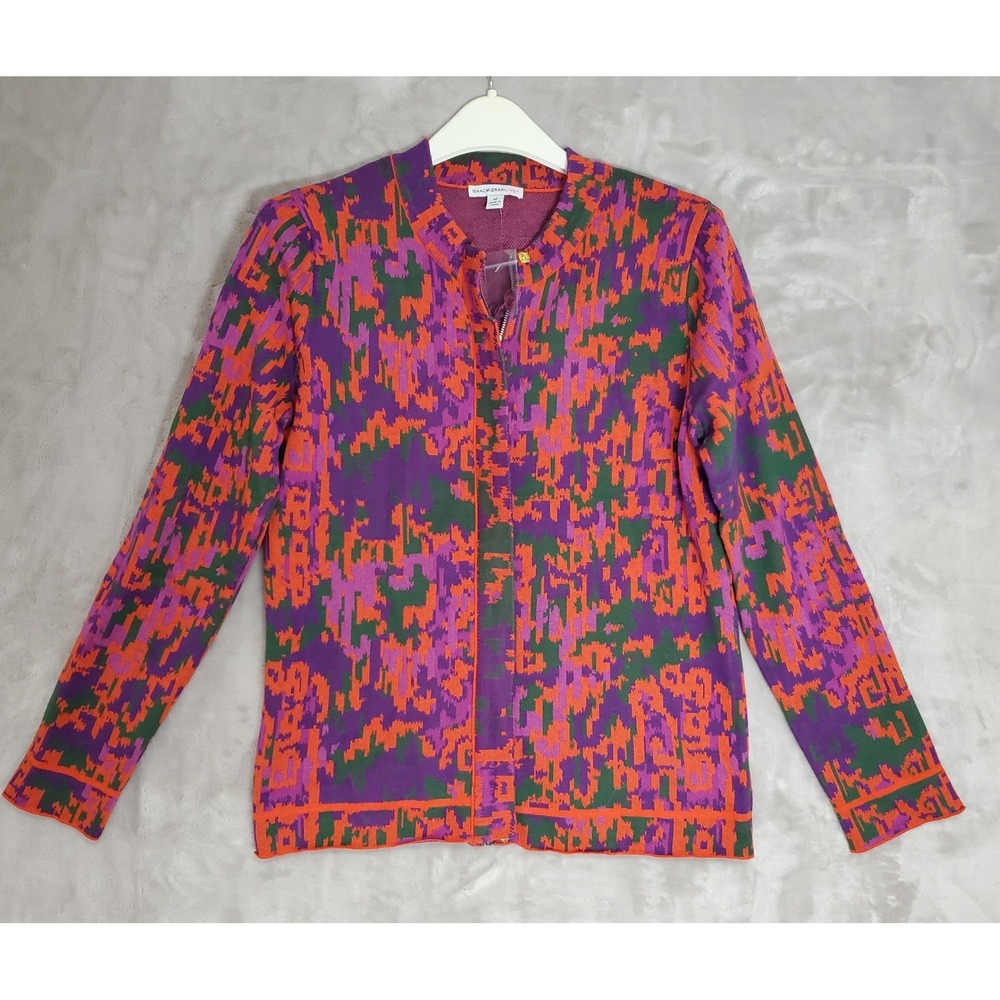 Isaac Mizrahi Live Zip Up Cardigan Womens Medium  Colorful Geometric Print NEW